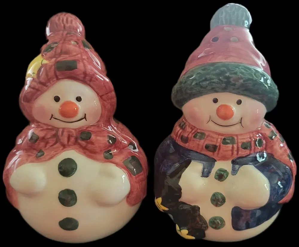 Vtg 2000s Mr. & Mrs. Snowman Salt & Pepper Shaker Set Christmas Ceramic W/Box